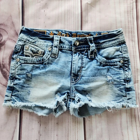 **SOLD** Rock Revival "Fay" Mid Rise Stretch Cutoff Short Blue Denim | Size 24 - Picture 5 of 14